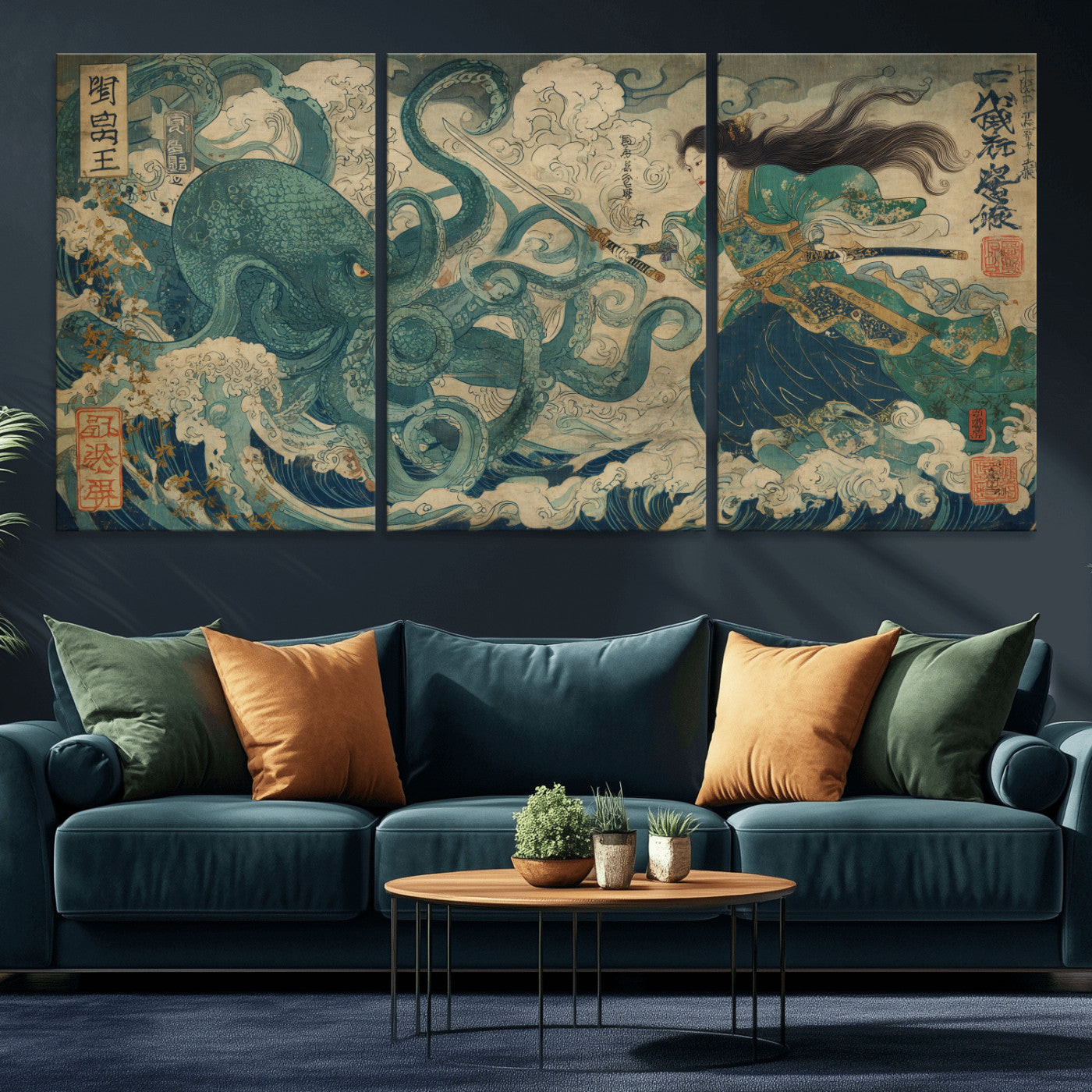 60346622-MGV-CV-36X24-Tsukioka Yoshitoshi Samurai Wall Art Print, Japanese Katana Warrior Canvas Wall Art, Octopus Sea Monster Canvas Print,