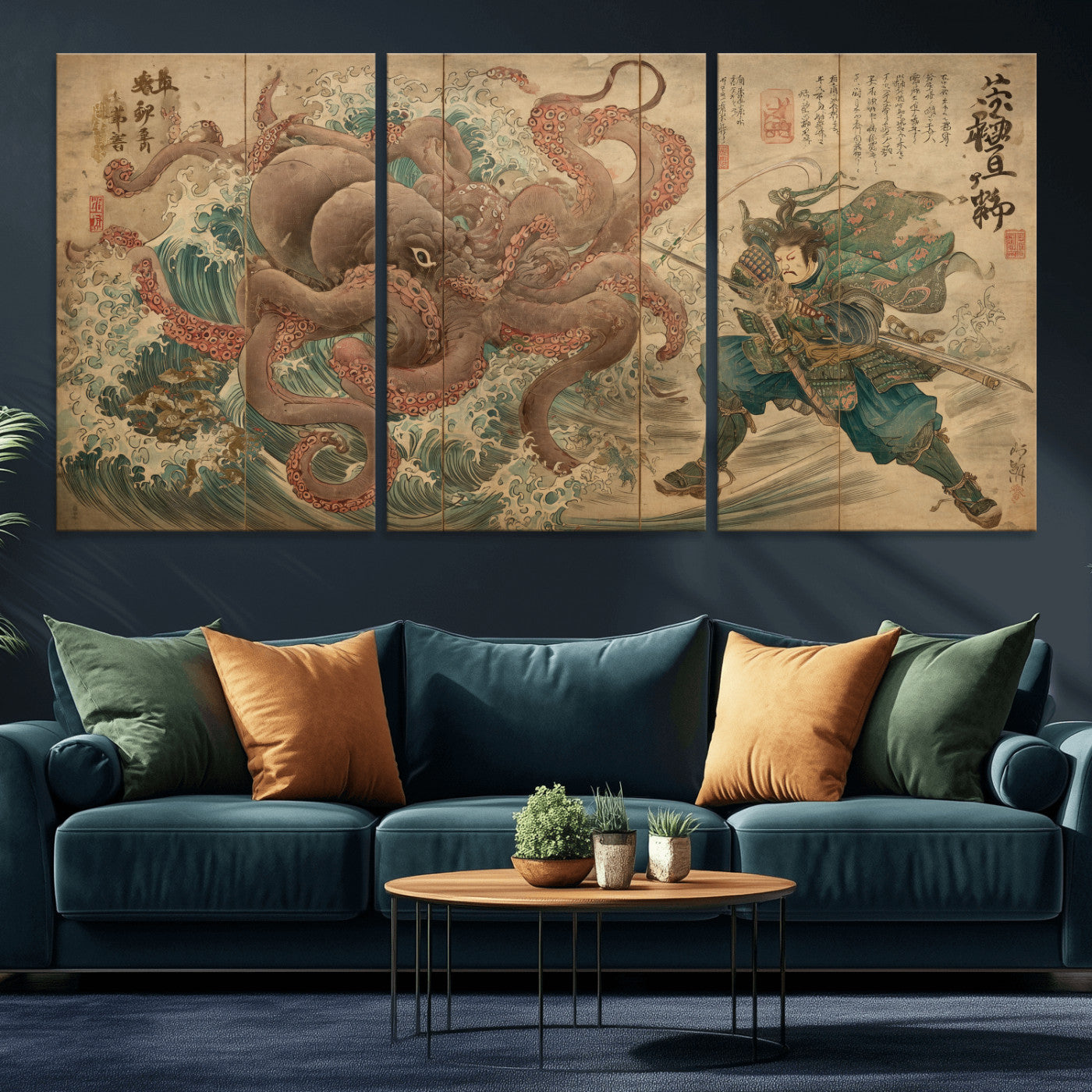 63782167-MGV-CV-36X24-Tsukioka Yoshitoshi Samurai Wall Art Print, Japanese Katana Warrior Canvas Wall Art, Octopus Sea Monster Canvas Print,