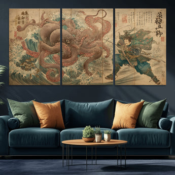 63782167-MGV-CV-36X24-Tsukioka Yoshitoshi Samurai Wall Art Print, Japanese Katana Warrior Canvas Wall Art, Octopus Sea Monster Canvas Print,