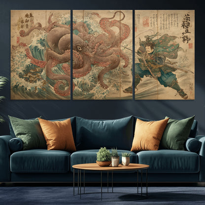 63782167-MGV-CV-36X24-Tsukioka Yoshitoshi Samurai Wall Art Print, Japanese Katana Warrior Canvas Wall Art, Octopus Sea Monster Canvas Print,