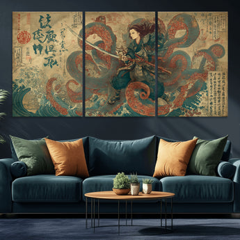 98593115-MGV-CV-36X24-Tsukioka Yoshitoshi Samurai Wall Art Print, Japanese Katana Warrior Canvas Wall Art, Octopus Sea Monster Canvas Print,