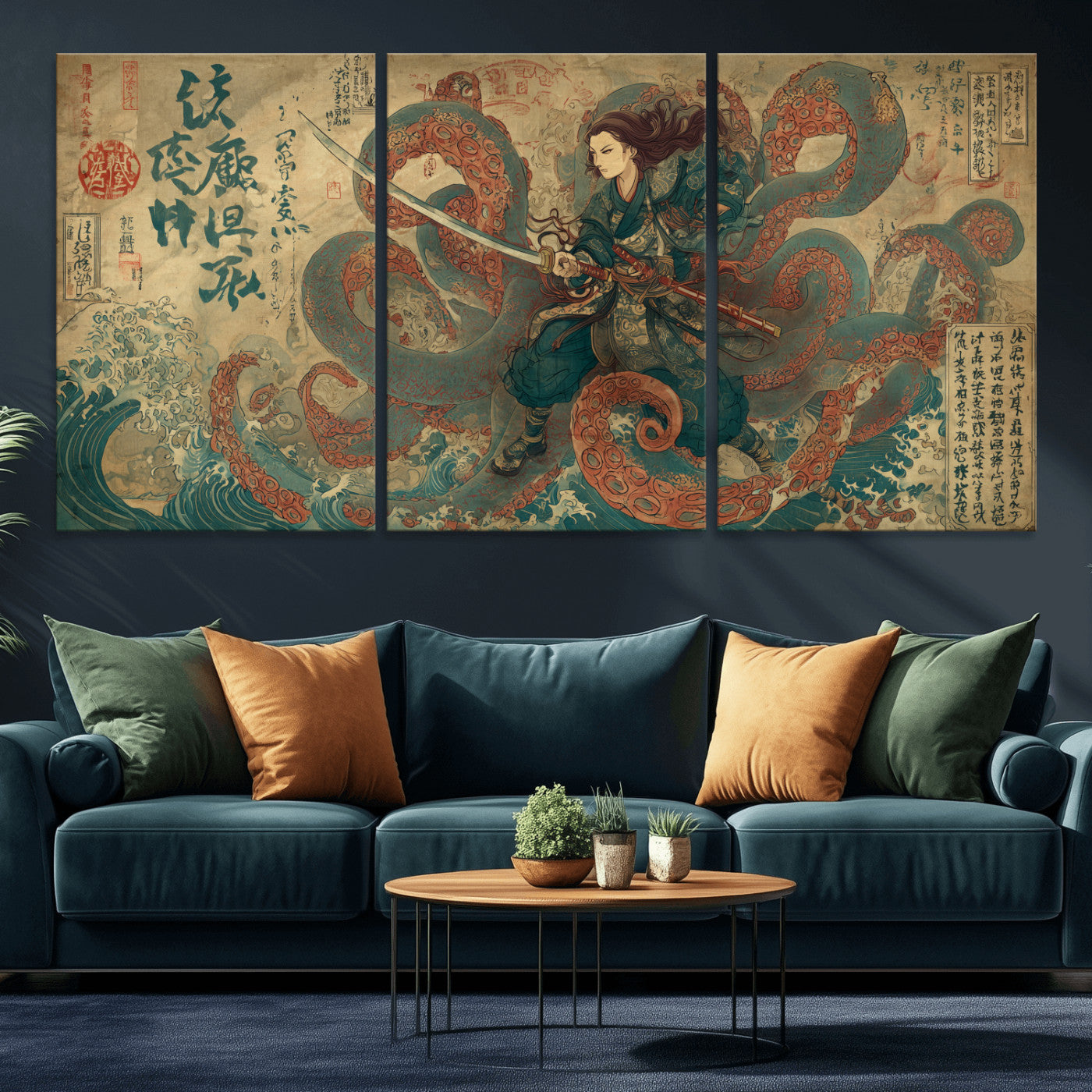 98593115-MGV-CV-36X24-Samurai Warrior vs Octopus Wall Art – Japanese Ukiyo-e Calligraphy Canvas Print, Ocean Battle Scene Artwork for Living Room,