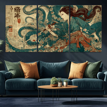 18575670-MGV-CV-36X24-Samurai Woman vs Octopus Wall Art – Japanese Ukiyo-e Ocean Battle Canvas Print, Traditional Warrior Artwork for Living Room,