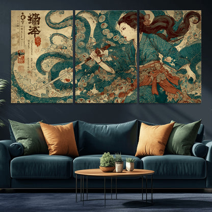 18575670-MGV-CV-36X24-Samurai Woman vs Octopus Wall Art – Japanese Ukiyo-e Ocean Battle Canvas Print, Traditional Warrior Artwork for Living Room,