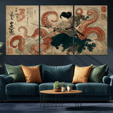 50812504-MGV-CV-36X24-Tsukioka Yoshitoshi Samurai Wall Art Print, Japanese Katana Warrior Canvas Wall Art, Octopus Sea Monster Canvas Print,