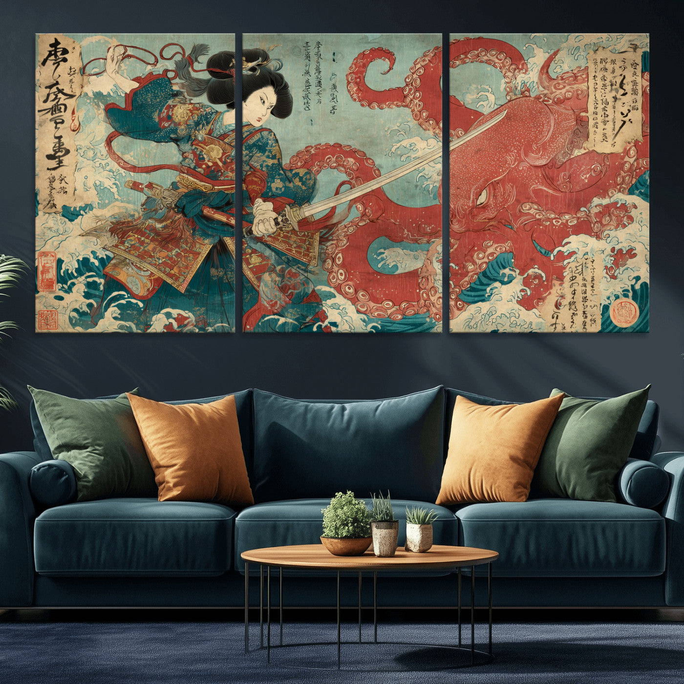 68844327-MGV-CV-36X24-Tsukioka Yoshitoshi Samurai Wall Art Print, Japanese Katana Warrior Canvas Wall Art, Octopus Sea Monster Canvas Print,