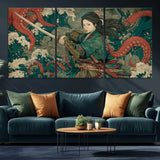 35461724-MGV-CV-60X30-3P-Samurai Woman vs Octopus Wall Art – Japanese Ukiyo-e Ocean Waves Canvas Print, Red Tentacle Battle Artwork for Living Room,