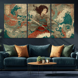 63377977-MGV-CV-36X24-Tsukioka Yoshitoshi Samurai Wall Art Print, Japanese Katana Warrior Canvas Wall Art, Octopus Sea Monster Canvas Print,