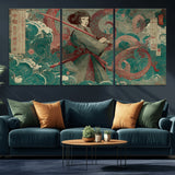 91666601-MGV-CV-36X24-Samurai Woman vs Octopus Wall Art – Japanese Ukiyo-e Green Robe Canvas Print, Ocean Battle Artwork for Living Room, Office, Man