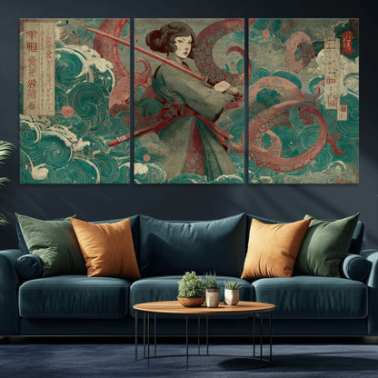91666601-MGV-CV-36X24-Samurai Woman vs Octopus Wall Art – Japanese Ukiyo-e Green Robe Canvas Print, Ocean Battle Artwork for Living Room, Office, Man