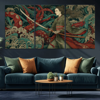 18902796-MGV-CV-36X24-Samurai Woman vs Octopus Wall Art – Japanese Ukiyo-e Green Kimono Canvas Print, Ocean Battle Scene Artwork for Living Room,