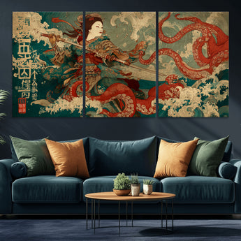 60201267-MGV-CV-36X24-Samurai Woman vs Octopus Wall Art – Japanese Ukiyo-e Armor Canvas Print, Red Tentacle Ocean Battle Artwork for Living Room,