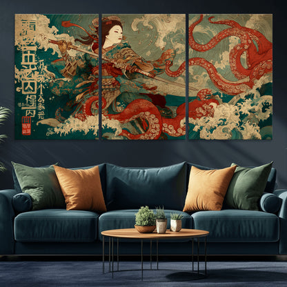 60201267-MGV-CV-36X24-Samurai Woman vs Octopus Wall Art – Japanese Ukiyo-e Armor Canvas Print, Red Tentacle Ocean Battle Artwork for Living Room,