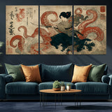 82737246-MGV-CV-36X24-Samurai Woman vs Octopus Wall Art – Japanese Ukiyo-e Dual Sword Canvas Print, Red Tentacle Ocean Battle Artwork for Living Room,