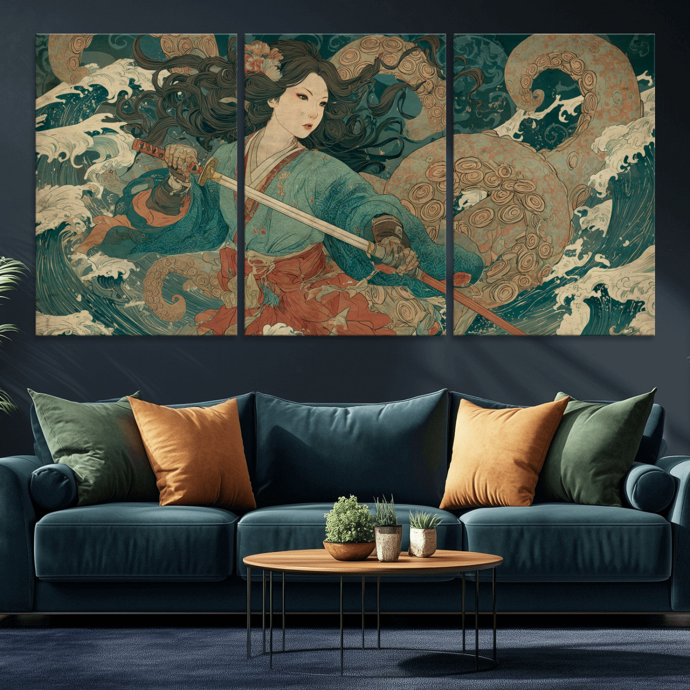 79740258-MGV-CV-36X24-Tsukioka Yoshitoshi Samurai Wall Art Print, Japanese Katana Warrior Canvas Wall Art, Octopus Sea Monster Canvas Print,