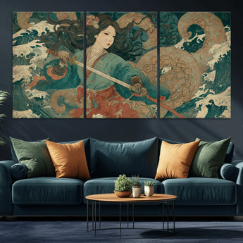 79740258-MGV-CV-36X24-Tsukioka Yoshitoshi Samurai Wall Art Print, Japanese Katana Warrior Canvas Wall Art, Octopus Sea Monster Canvas Print,