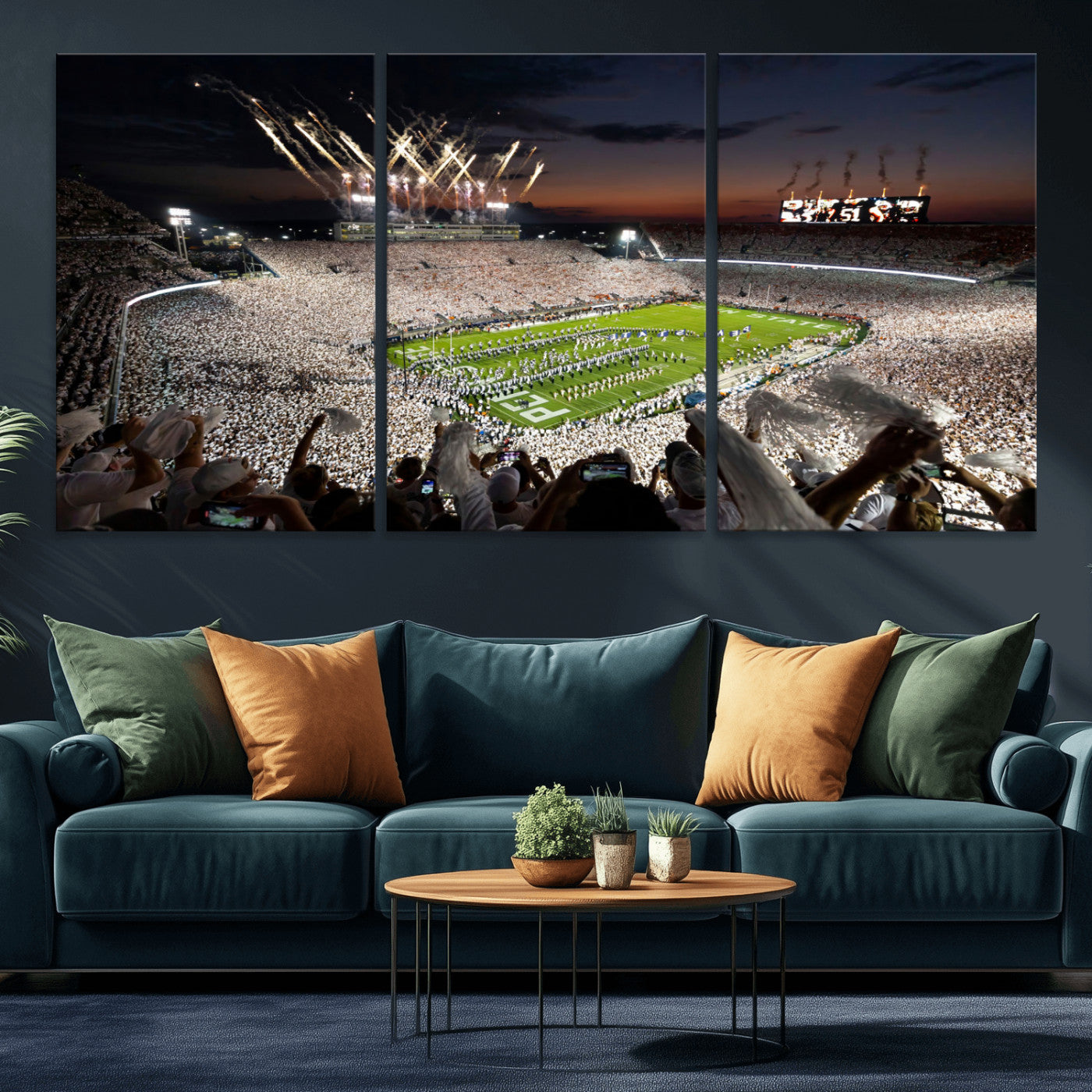 Penn-MGV-CV-36X24-Football Stadium Wall Art – Panoramic Night Game Canvas Print, Packed Crowd with Fireworks, Sports Decor for Office, Man Cave, Bar