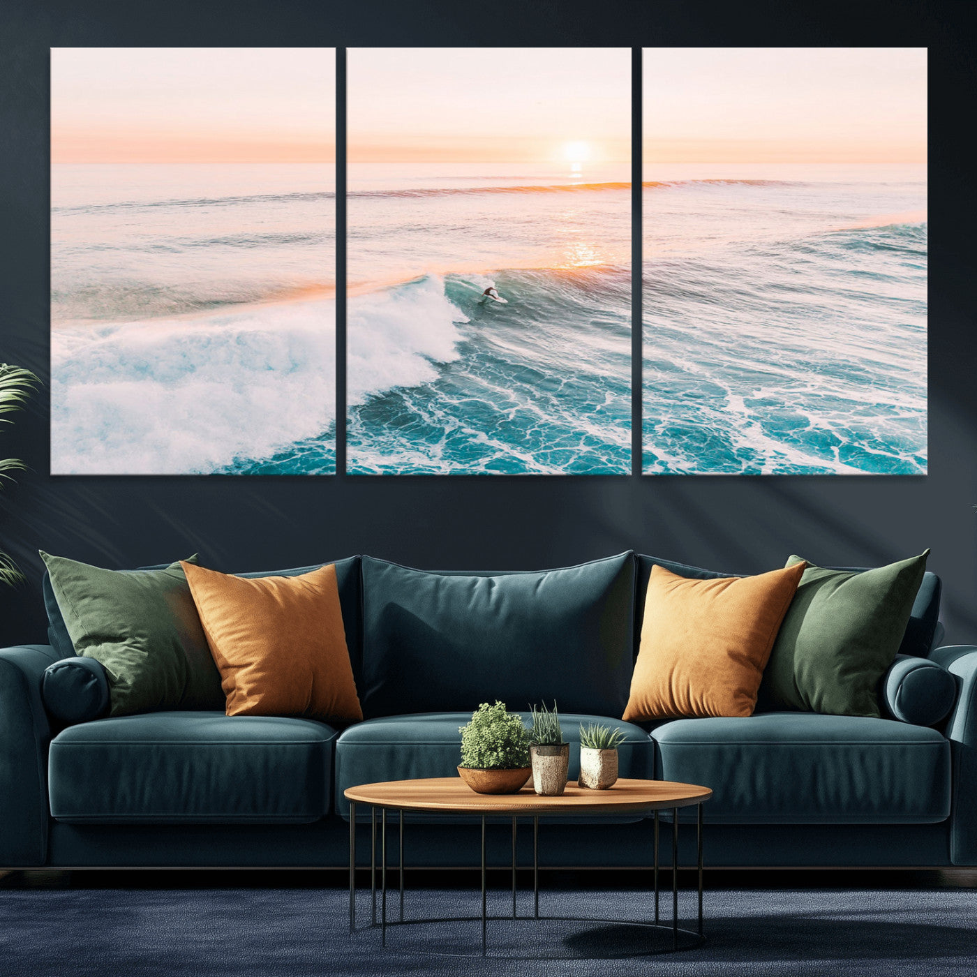 34064591-MGV-CV-36X24-Surfing Wall Art – Sunset Ocean Wave Canvas Print, Surfer Riding Sea Photography Decor for Bedroom, Living Room, Office, Coastal