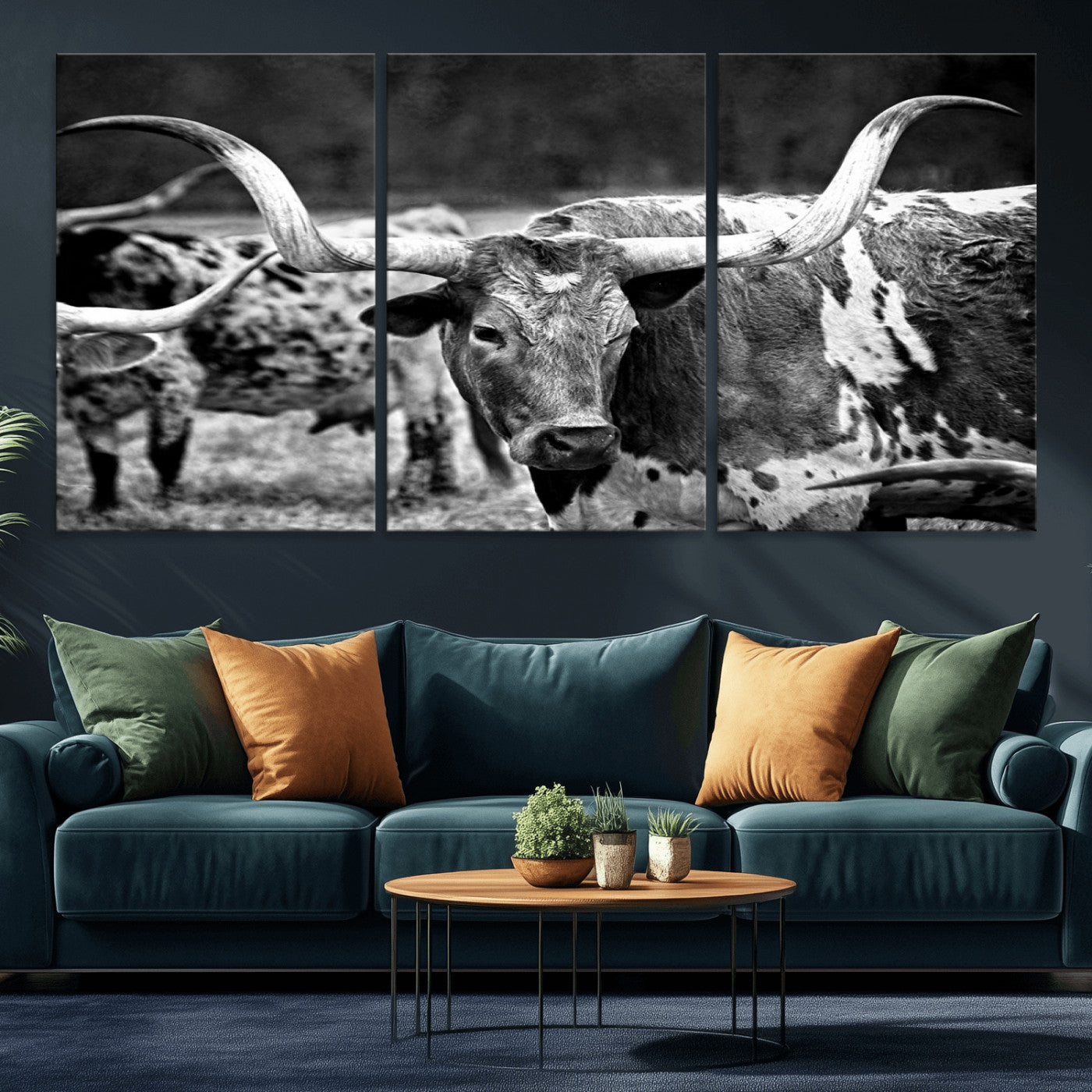 15425553-MGV-CV-36X24-Western Wall Art – Longhorn Cattle Black and White Canvas Print, Rustic Ranch Photography Decor for Bedroom, Living Room, Office,