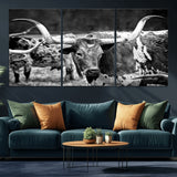 15425553-MGV-CV-36X24-Western Wall Art – Longhorn Cattle Black and White Canvas Print, Rustic Ranch Photography Decor for Bedroom, Living Room, Office,