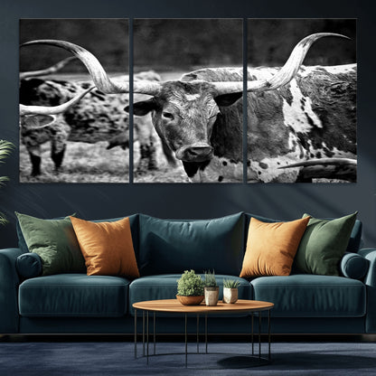 15425553-MGV-CV-36X24-Western Wall Art – Longhorn Cattle Black and White Canvas Print, Rustic Ranch Photography Decor for Bedroom, Living Room, Office,