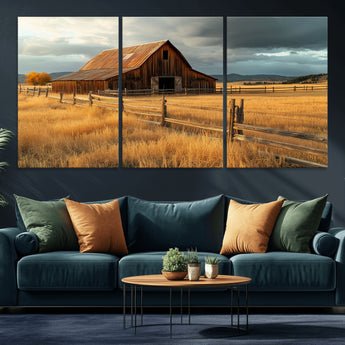 16480179-MGV-CV-36X24-Farmhouse Wall Art – Rustic Barn and Golden Field Canvas Print, Country Landscape Photography Decor for Bedroom, Living Room,