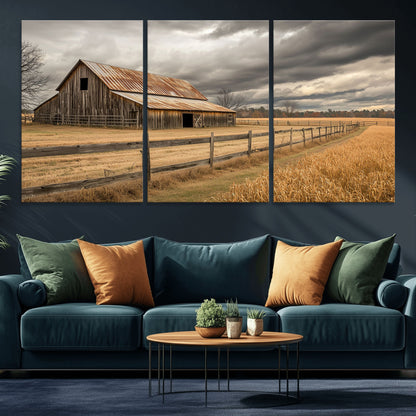 21991117-MGV-CV-36X24-Rustic Barn Wall Art – Weathered Farmhouse Canvas Print, Stormy Sky and Golden Field Photography Decor for Bedroom, Living Room,