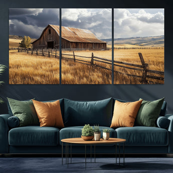 23718739-MGV-CV-36X24-Farmhouse Wall Art – Rustic Barn and Golden Wheat Field Canvas Print, Country Landscape Photography Decor for Bedroom, Living