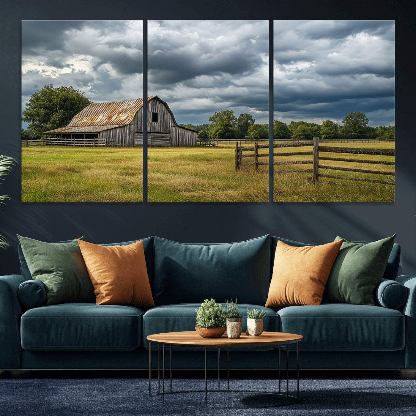 39409517-MGV-CV-36X24-Rustic Barn Wall Art – Weathered Farmhouse and Storm Clouds Canvas Print, Country Landscape Photography Decor for Bedroom, Living