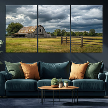 39409517-MGV-CV-36X24-Rustic Barn Wall Art – Weathered Farmhouse and Storm Clouds Canvas Print, Country Landscape Photography Decor for Bedroom, Living