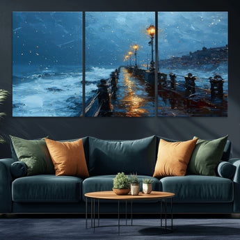 93793246-MGV-CV-36X24-Stormy Night Pier Canvas Wall Art – Moody Ocean Landscape with Lights, Blue Coastal Seascape Print for Bedroom, Living Room,