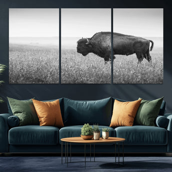 90861202-MGV-CV-36X24-Black and White Bison Canvas Wall Art – Rustic American Buffalo Print, Western Wildlife Photography for Farmhouse, Cabin, Office