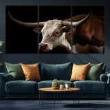 27414857-MGV-CV-36X24-Texas Longhorn Bull Canvas Wall Art – Rustic Western Farmhouse Decor, Brown & White Cow Portrait, Animal Print for Ranch Home