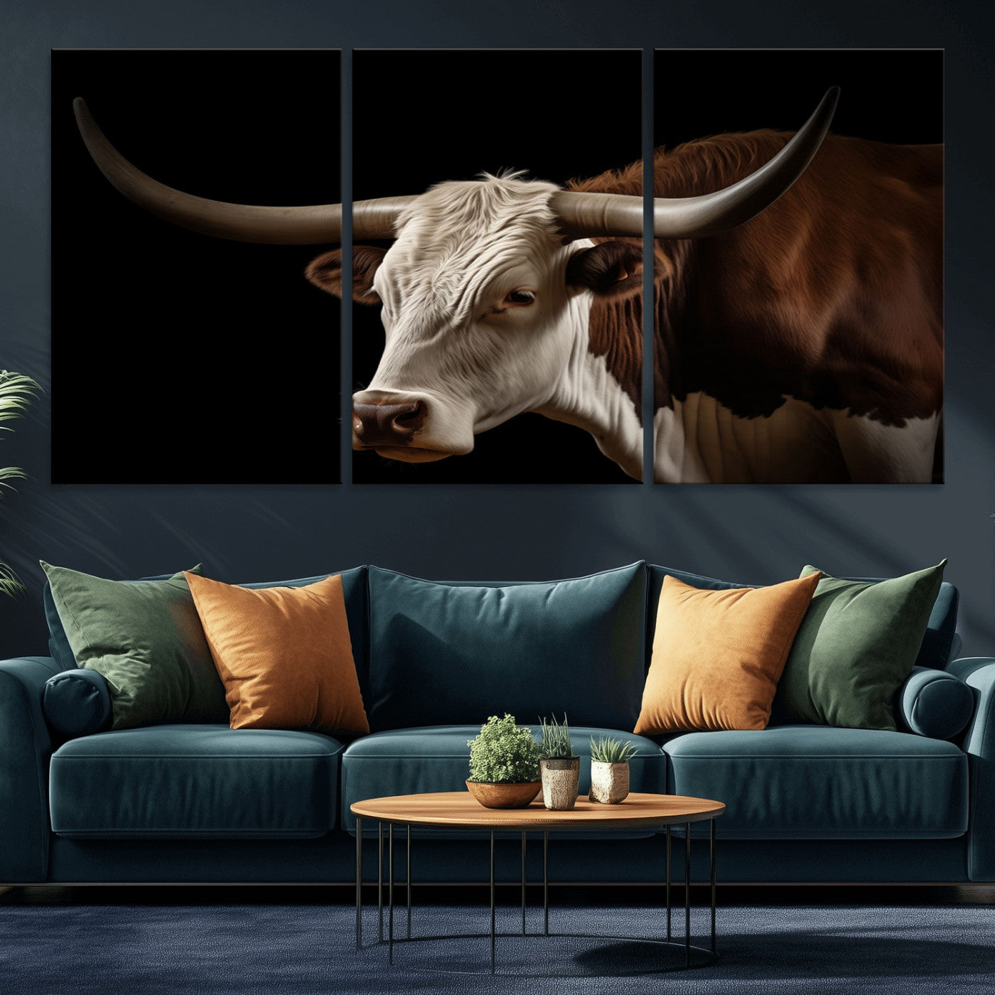 27414857-MGV-CV-60X30-3P-Longhorn Bull Wall Art – Dramatic Western Steer Portrait Canvas Print, Rustic Farmhouse Animal Decor for Living Room, Office, or