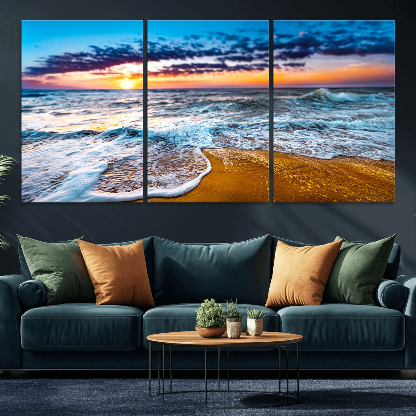 24077769-MGV-CV-36X24-Sunset Beach Wall Art – Ocean Waves Canvas Print, Golden Shoreline Photography Coastal Decor for Living Room, Bedroom, Office,