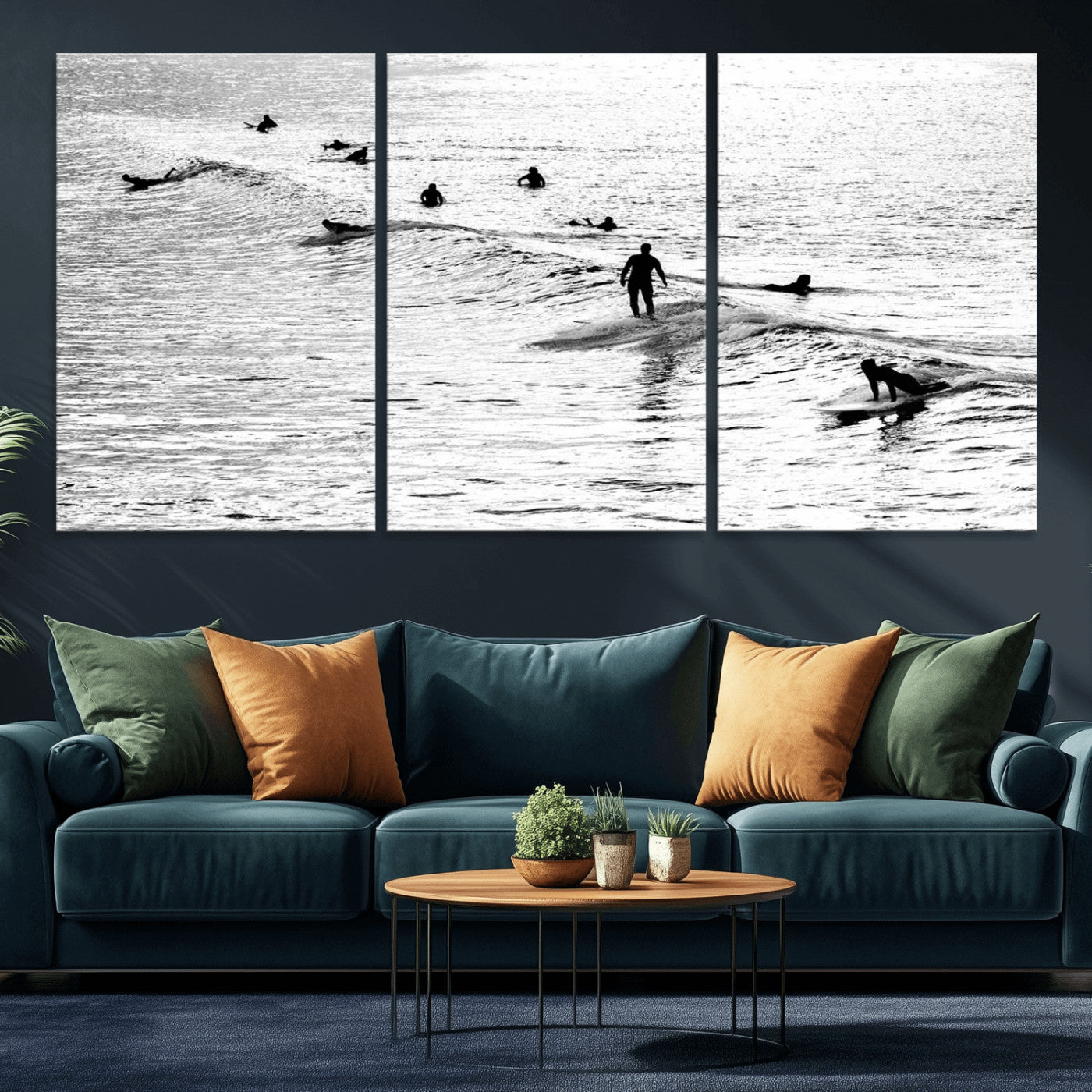 68018616-MGV-CV-36X24-Black and White Surf Photography Print – Minimalist Ocean Wall Art, Surfers Riding Waves, Coastal Beach Decor for Modern Home or