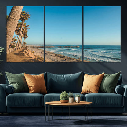 92568259-MGV-CV-36X24-California Beach Wall Art – Palm Tree Pier Canvas Print, Coastal Ocean Photography Seaside Decor for Living Room, Bedroom, Office,