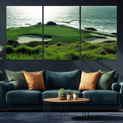 48473947-MGV-CV-36X24-Ocean Golf Course Wall Art – Panoramic Green Fairway Canvas Print, Coastal Golf Landscape Photography Sports Decor for Office, Man