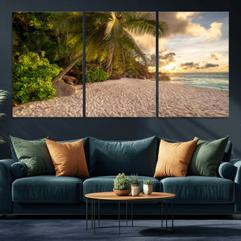 89531159-MGV-CV-36X24-Tropical Beach Sunset Canvas Wall Art – Palm Trees Golden Sand Ocean Waves Coastal Paradise Print for Beach House Bedroom Bathroom