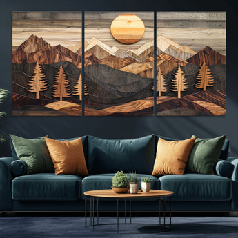 90044381-MGV-CV-36X24-Rustic Wall Art – Wooden Mountain Landscape with Sun and Pine Trees, Handcrafted Nature Canvas Style Decor for Bedroom, Living