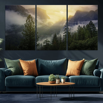 38316884-MGV-CV-36X24-Landscape Wall Art – Misty Mountain Valley Canvas Print, Scenic Pine Forest and Sunrise Photography Decor for Bedroom, Living