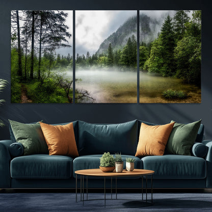 93123937-MGV-CV-36X24-Landscape Wall Art – Misty Mountain Lake Canvas Print, Tranquil Forest and Waterfall Photography Decor for Bedroom, Living Room,