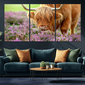 64069351-MGV-CV-36X24-Farmhouse Wall Art – Highland Cow in Wildflowers Canvas Print, Rustic Country Cattle Photography Decor for Bedroom, Living Room,