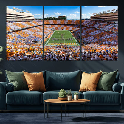 64238859-MGV-CV-36X24-Neyland Stadium Wall Art – Panoramic Tennessee Volunteers Power T Checkerboard Crowd Canvas Print, Day Game Football Band Sports