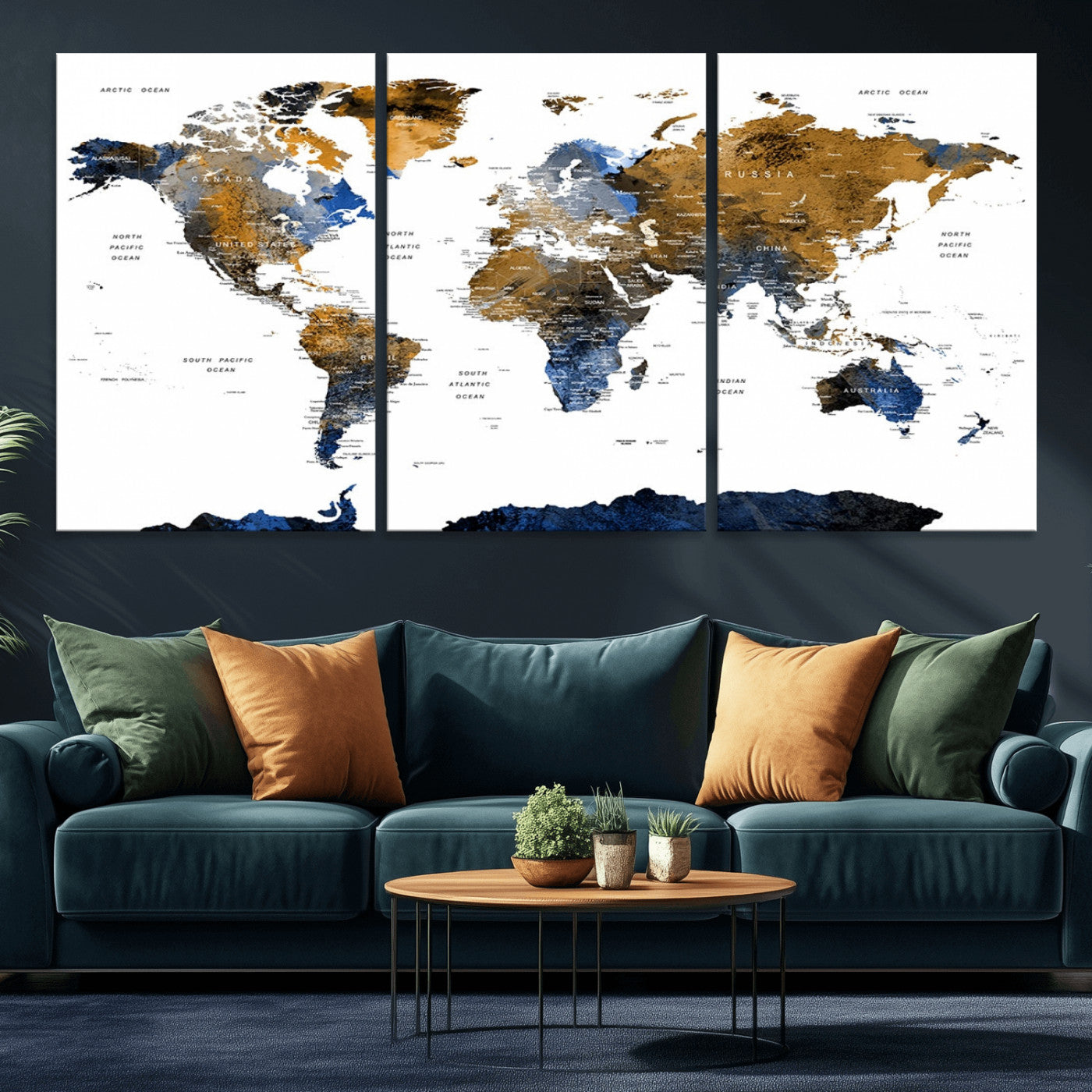 MGV-CV-60X30-3P - World Map Wall Art Canvas Print, Framed Blue Gold Map Art Picture Print, Rustic Atlas Perfect Rustic Modern Decor Artwork