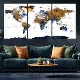 MGV-CV-60X30-3P - World Map Wall Art Canvas Print, Framed Blue Gold Map Art Picture Print, Rustic Atlas Perfect Rustic Modern Decor Artwork