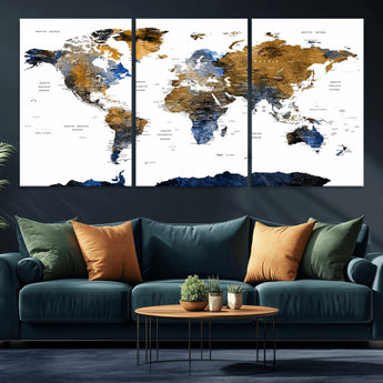 MGV-CV-60X30-3P - World Map Wall Art Canvas Print, Framed Blue Gold Map Art Picture Print, Rustic Atlas Perfect Rustic Modern Decor Artwork