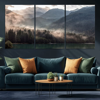64758-MGV-CV-36X24-Misty Mountains Wall Art Canvas Print, Framed Moody Pines Art Picture Print, Forest Lake Perfect Moody Alpine Decor Artwork