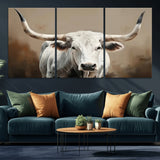 63550-MGV-CV-60X30-3P-Texas Longhorn Wall Art Canvas Print, Framed White Bull Art Picture Print, Horned Cattle Perfect Rustic Western Decor Artwork