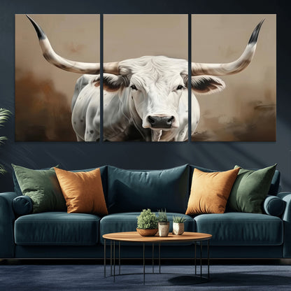 63550-MGV-CV-60X30-3P-Texas Longhorn Wall Art Canvas Print, Framed White Bull Art Picture Print, Horned Cattle Perfect Rustic Western Decor Artwork